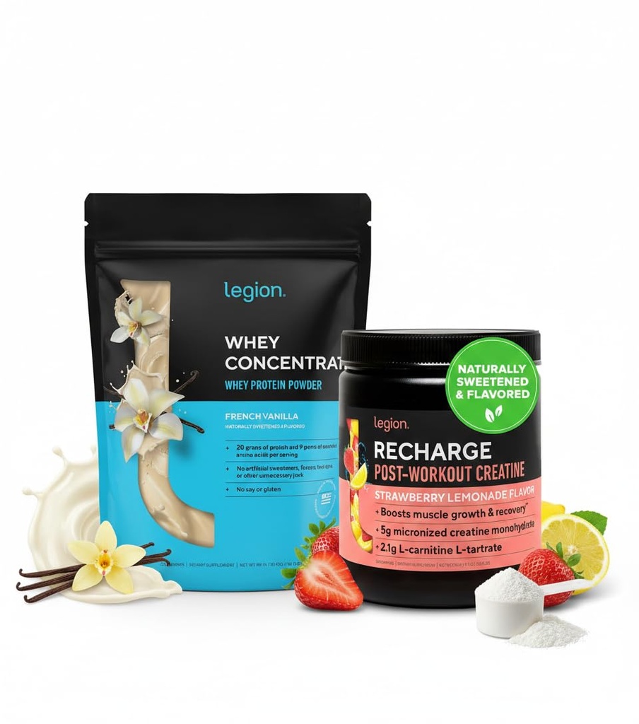 LEGION Post Workout Recovery Stack – Rechargetine Tina Post Workout Drink (Strawberry Lemonade) + Whey Protein Toz (Vanilla) – Kas Büyüme, Güçlü ve Kurtarma Desteği – 30 Her Şey