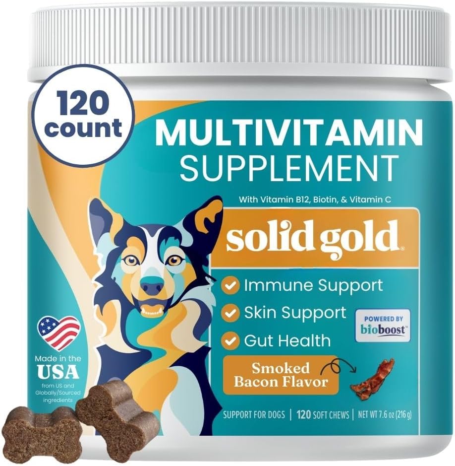 Solid Gold Dog Multivitamin - Soft Dog Vitamins & Supplements Chews - All-in-One Heart, Immune, Brain, Skin, Coat & Gut Health Support w/Vitamin C, B12, Probiyotiks & Antioksis - Bacon Flavor 120ct