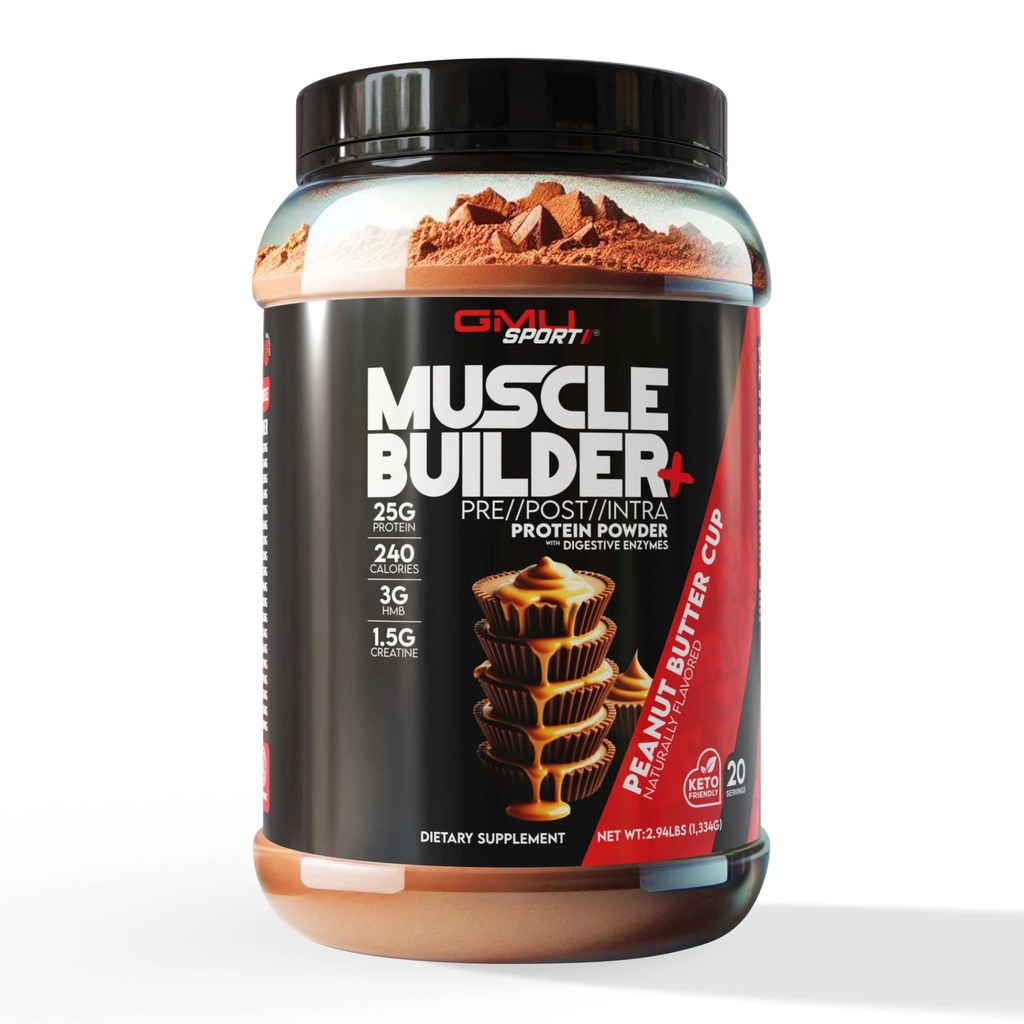 GMU SPORT – Muscle Builder+ Protein 3gt Tinaine, 1.5g HMB, Collagen & Enzymes | 25g Protein, 28g Carbs, 240 Calories | Low Sugar Whey Protein for Strength, Recovery & Muscle growth – 20 servis