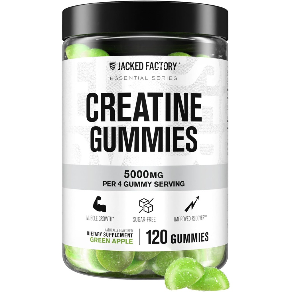 Jacked Factory Sugar Free Kretine Gummies - 5g Daily Dose (1.25g per Gummy) Kretine Gummy Sugar Free for Men and Women, Vegan-Friendly, Third-Party Tested - 120 Gummies, Green Apple