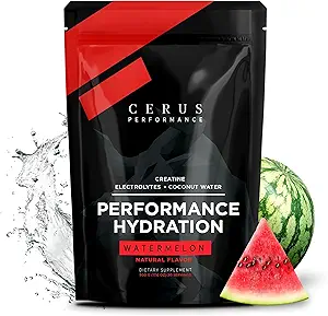 Cerus Performance - Performance Hydration Electrolyte Powder – Watermelon Flavor, 5g Creatine Monohydrate, 500mg Coconut Water Powder – Υποστηρίζει την αντοχή, την αποκατάσταση των μυών & Keto 30 εξυπηρετεί