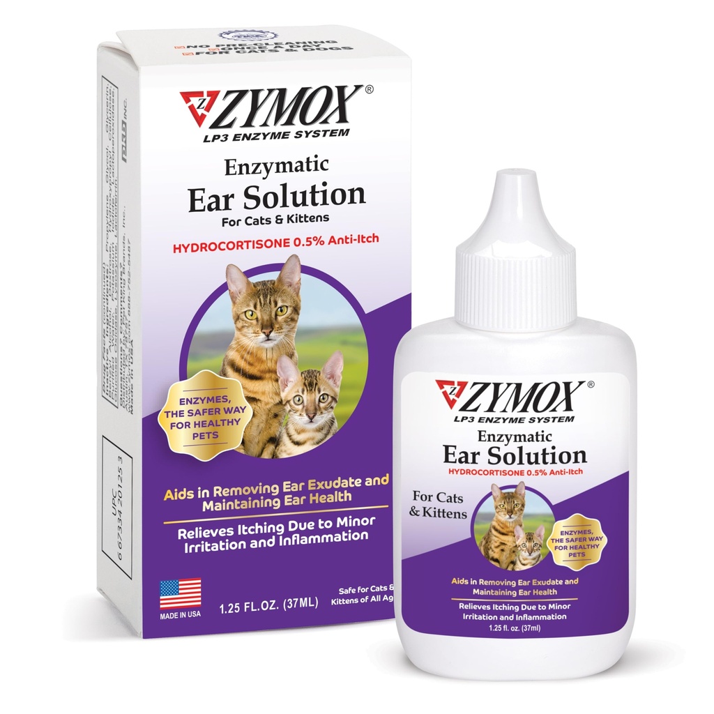 Zymox Enzymatic Ear Solution with 0.5% Hydrocortisone for Cats & Kittens, 1.25 oz. – Cleans & Renoes Ear Canal for Relief from Wax, Dirt Buildup, Itchiness, Irritation, Inflammation & Redness