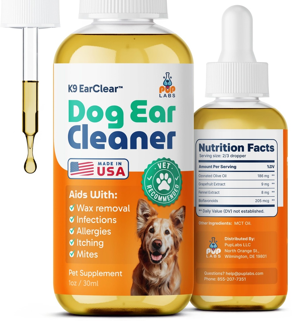 Pup Labs Ear Clear, Natural Dog Ear Temiz ve Köpekler için Enfeksiyon Tedavisi, Dog Drops for Itching, Irritation, & Wax Build-Up, 1 oz Şişe with Dropper