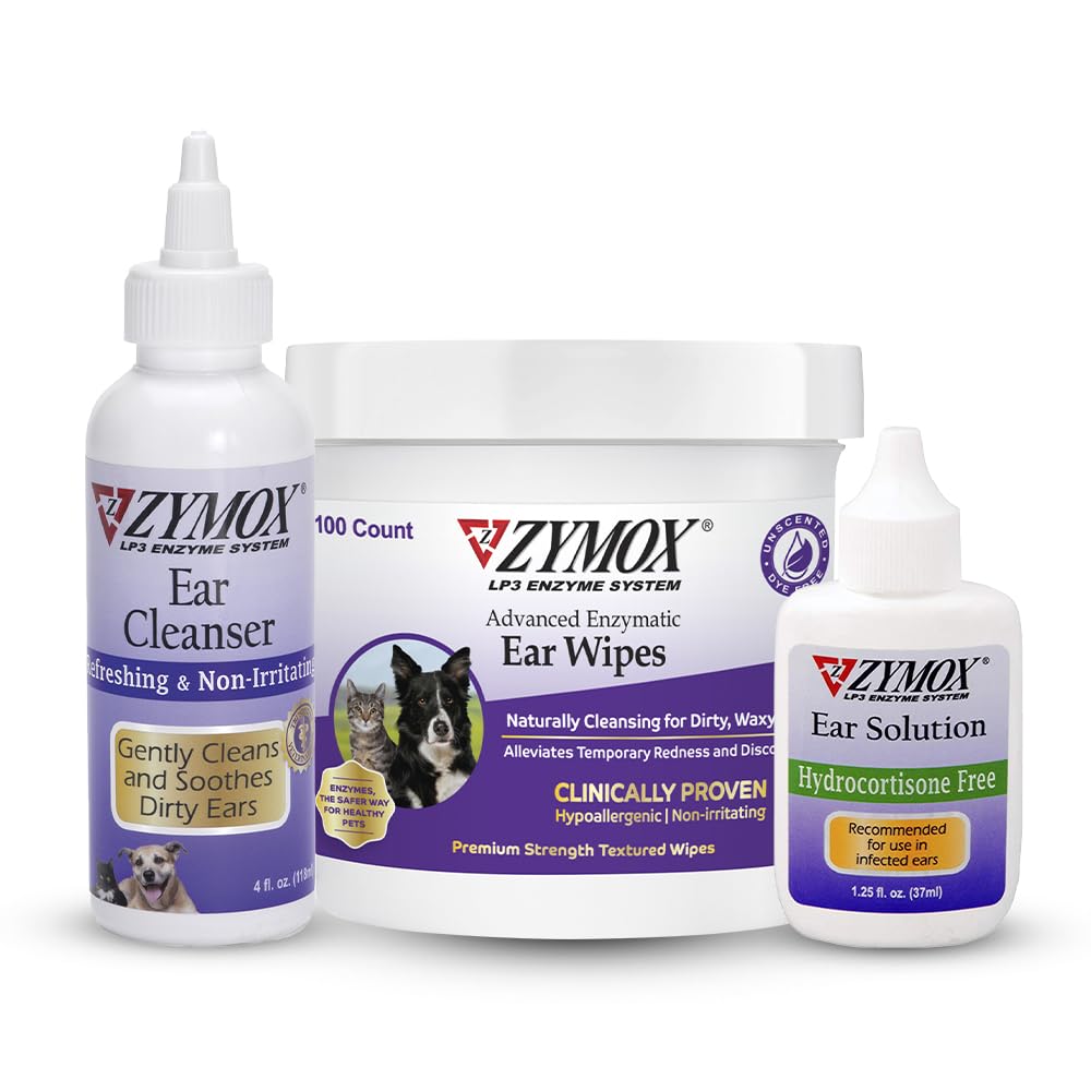 Zymox Enzymatic Ear Wipes, Ear Cleanser, & Ear Solution Without Hydrocortisone for Dogs and Cats - Product Sche - for Dirty, Waxy, Koky Ears and To Soothe Ear Enfeksiyons