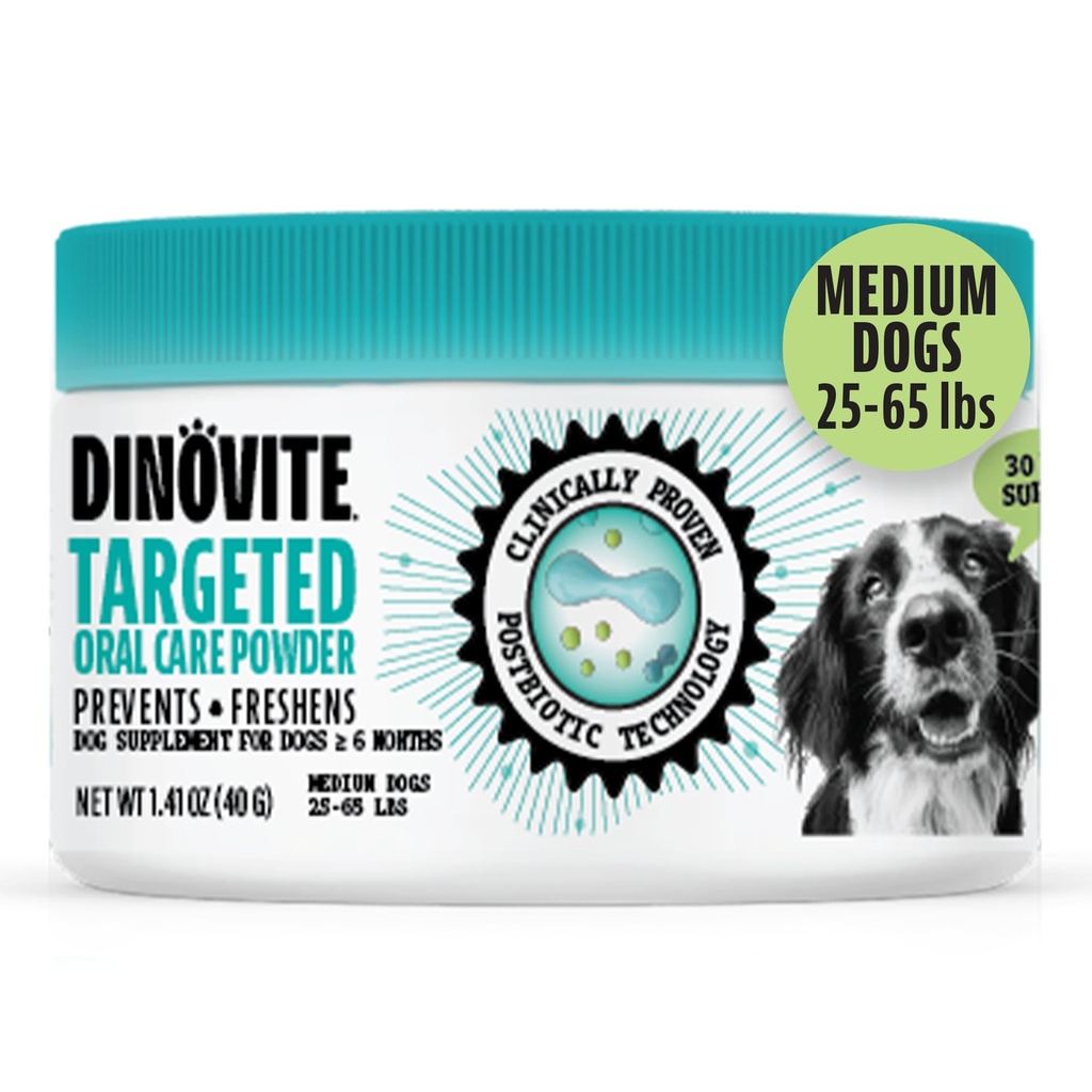 Dinovite Dog Dental Toz, Brush-Free Breath Freshener & Diş Temizlik Diş Bakımı Toz Probiyotiks & Postbiyotiks, Oral Care Bad Breath Treatment, Medium Dogs, USA, 30 Day Supply