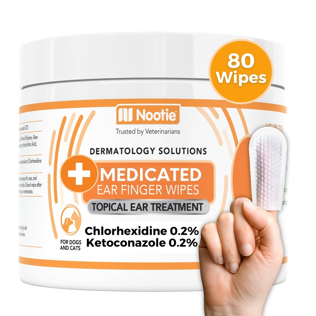 Noutie Medicated Ear Finger Wipes with Chlorhexidine for Dogs, Gentle Dog Ear Cleaning Wipes for Ichy, Sensitive Ears - Helps Remove Wax, Dirt Buildup, & Odor 80 Wipes - Made in USA