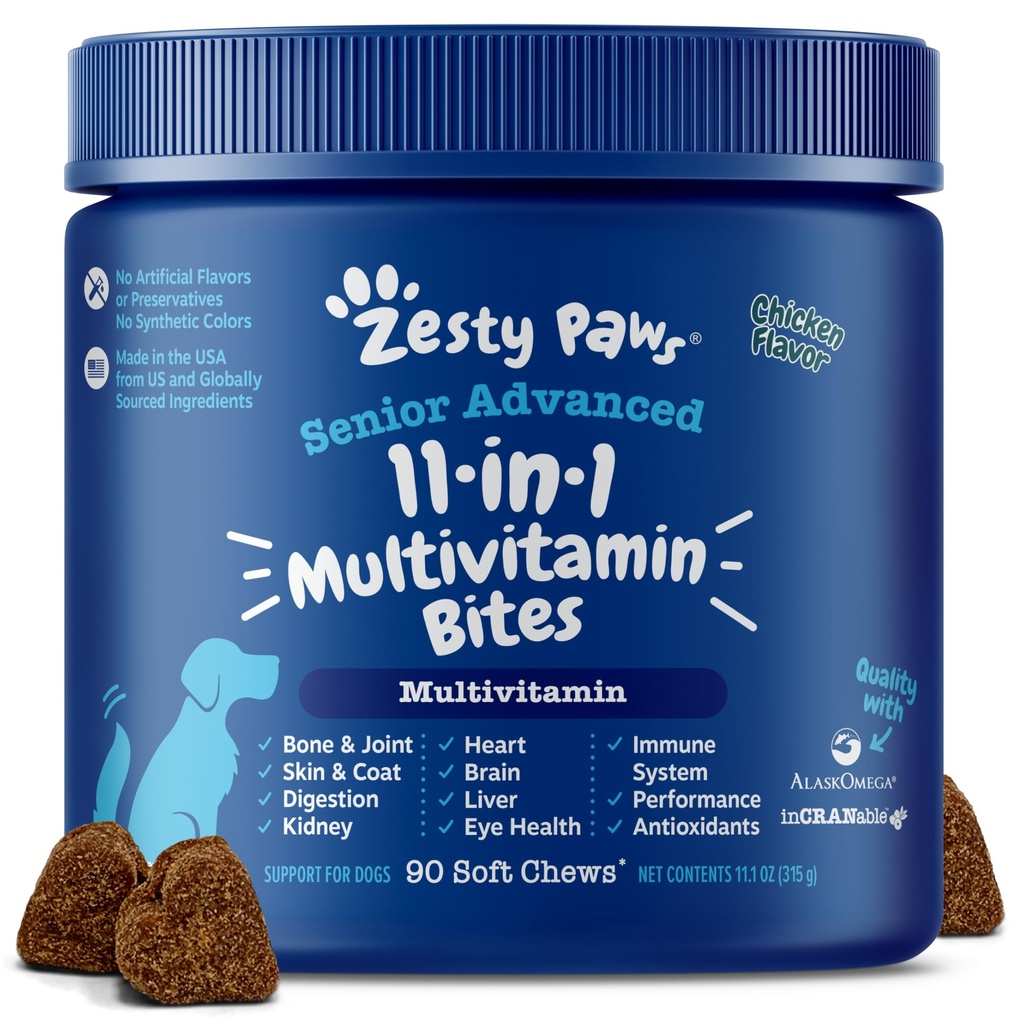 Zesty Paws Senior Dog Multivitamin Tedavileri - Köpekler için Glucosamine + Digestive Enzymes & Probiyotikler - Skin & Coat + Immune Health Chicken - Advanced - 90ct