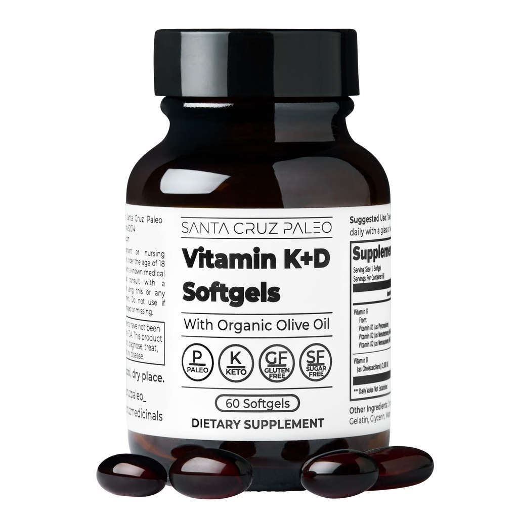 Santa Cruz Paleo Vitamin K2 + D3 Yumuşakgels, Organik Zeytinyağı ile Daily Supplement, K1 & İki Forms K2, Destekler Kalp ve Bone Health, Gluten Free, Sugar Free, Paleo, Chem, 60 Count