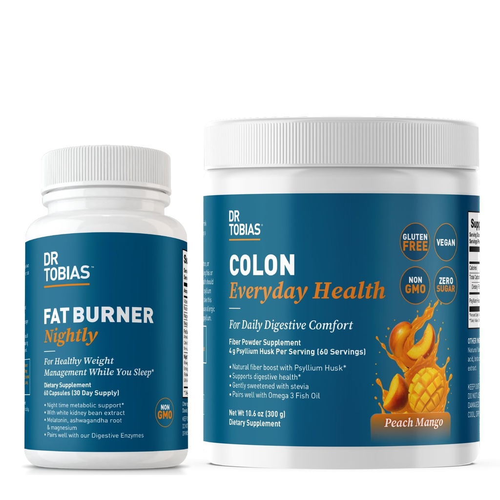 Dr. Tobias Fat Burner Nightly & Colon Everyday Health Peach Mango – Nighttime Metabolism Support & Daily Psyllium Fiber Drink for Digestive Health