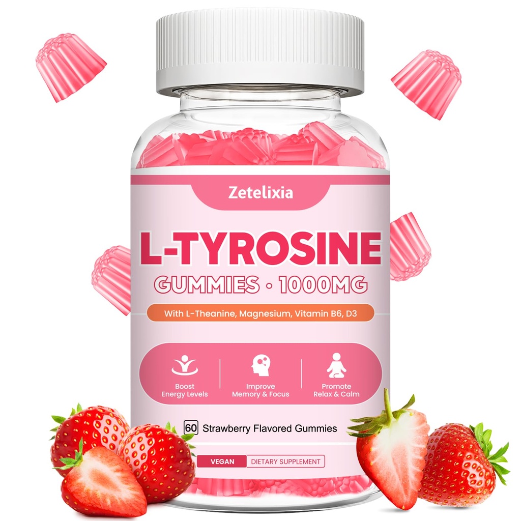 L Tyrosine Gummies, L-Tyrosine Supplement, 10-in-1 Tyrosine Gummies with Vitamin B6 D3, Tyrosine Supplement Support Cognitive, Memory, Energy, Mood for Adult & Kids, Strawberry Flavor, 60 Ct