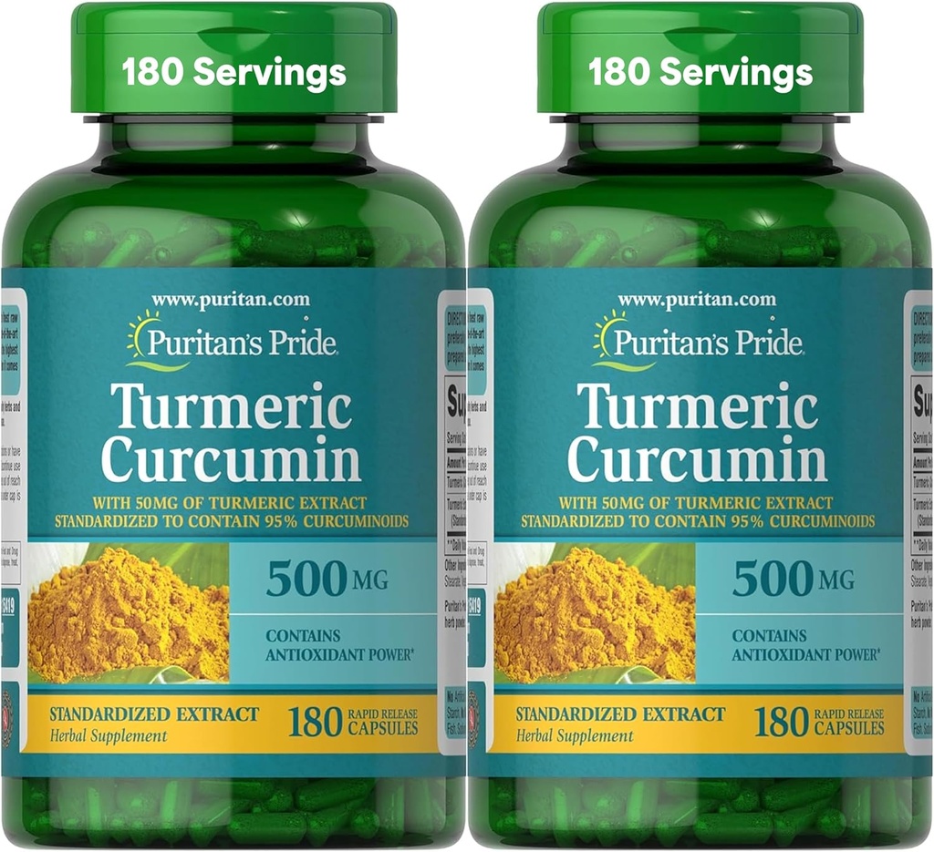 Puritan's Pride Turmeric Curcumin 500mg, Standarized to 95% Cucuminoids, Herbal Dietary Supplement for Antioxidant Health, 180 Radpid Release Capsules, Pack of 2