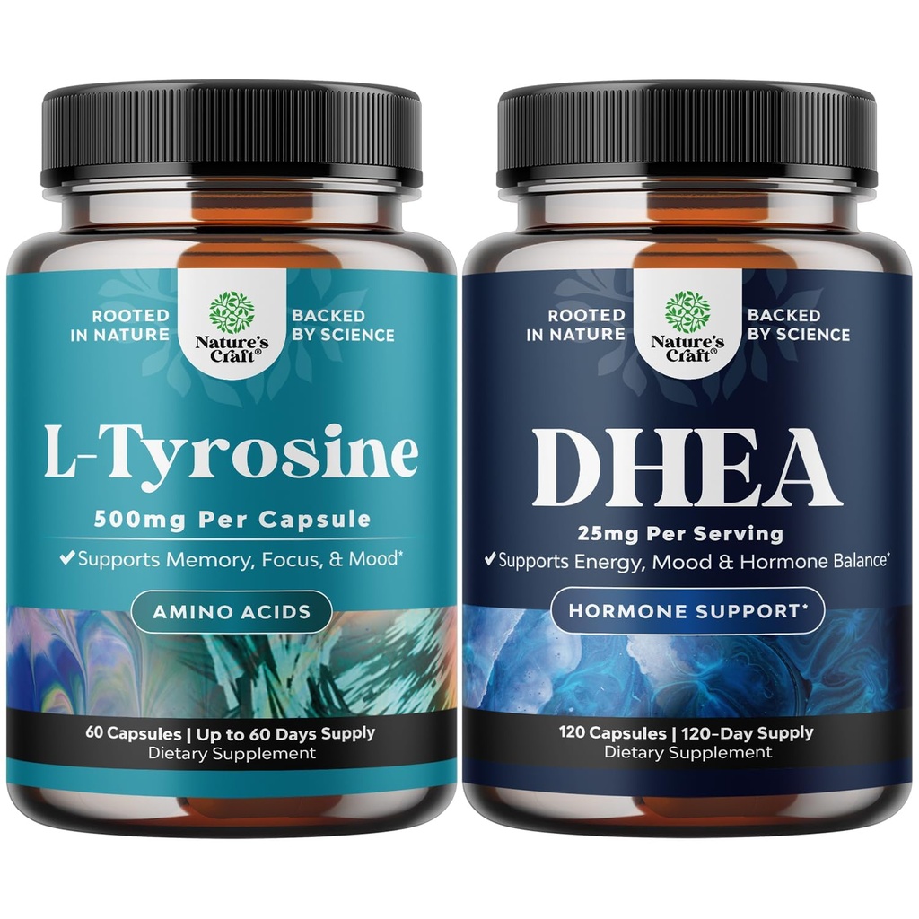 Bundle of Free Form L Tyrosine 500mg Capsules for Mental Energy & Focus Support - Amino Acid Nootropic and DHEA Supplement - Pure DHEA 25mg for Hormone Balance Improves Mood Stability Immune System