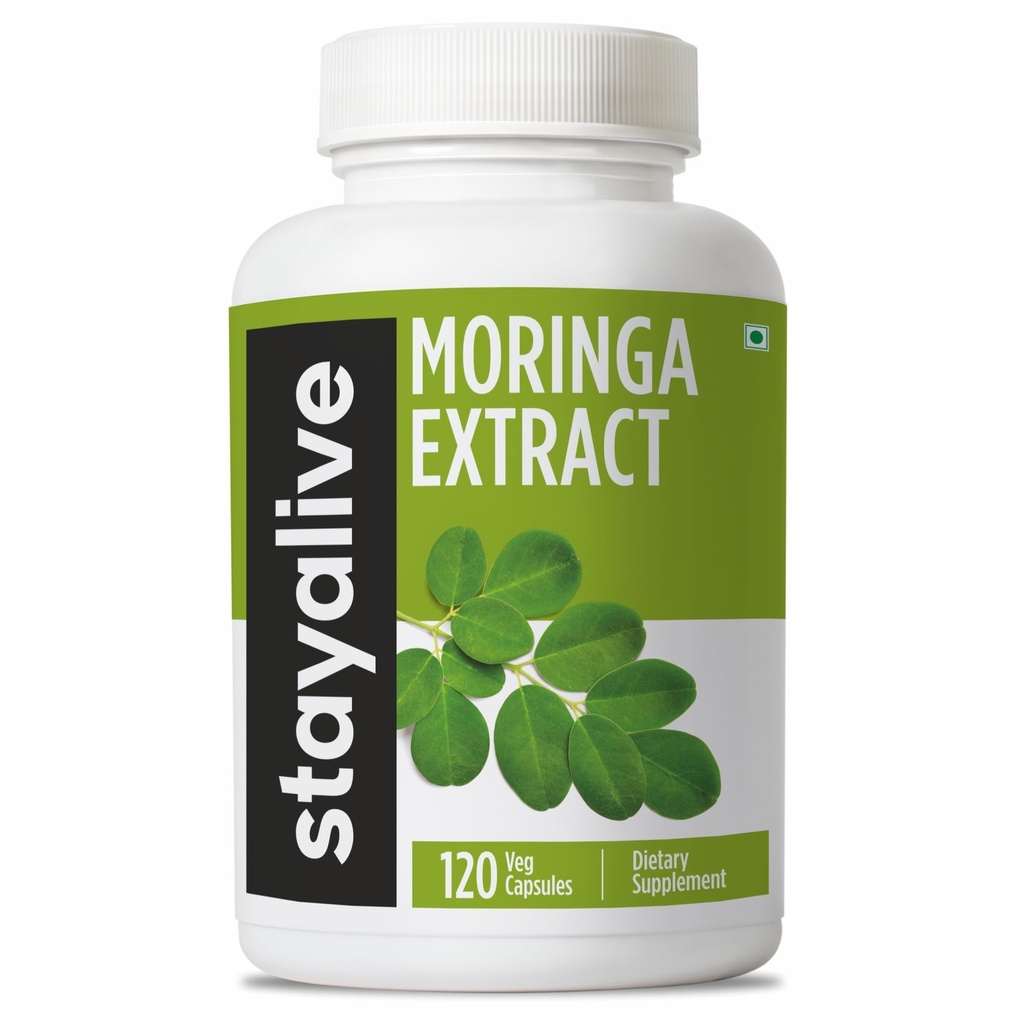 STAY ALIVE Moringa Capsules 1000 mg, 20:1 Extract, 120 Pills, Green Superfood with Extra Strength, 100% Pure Oleifera Leaf Toz, 2 Ay Supply, All Natural, Non-GMO & Gluten Free Moringa Supplement