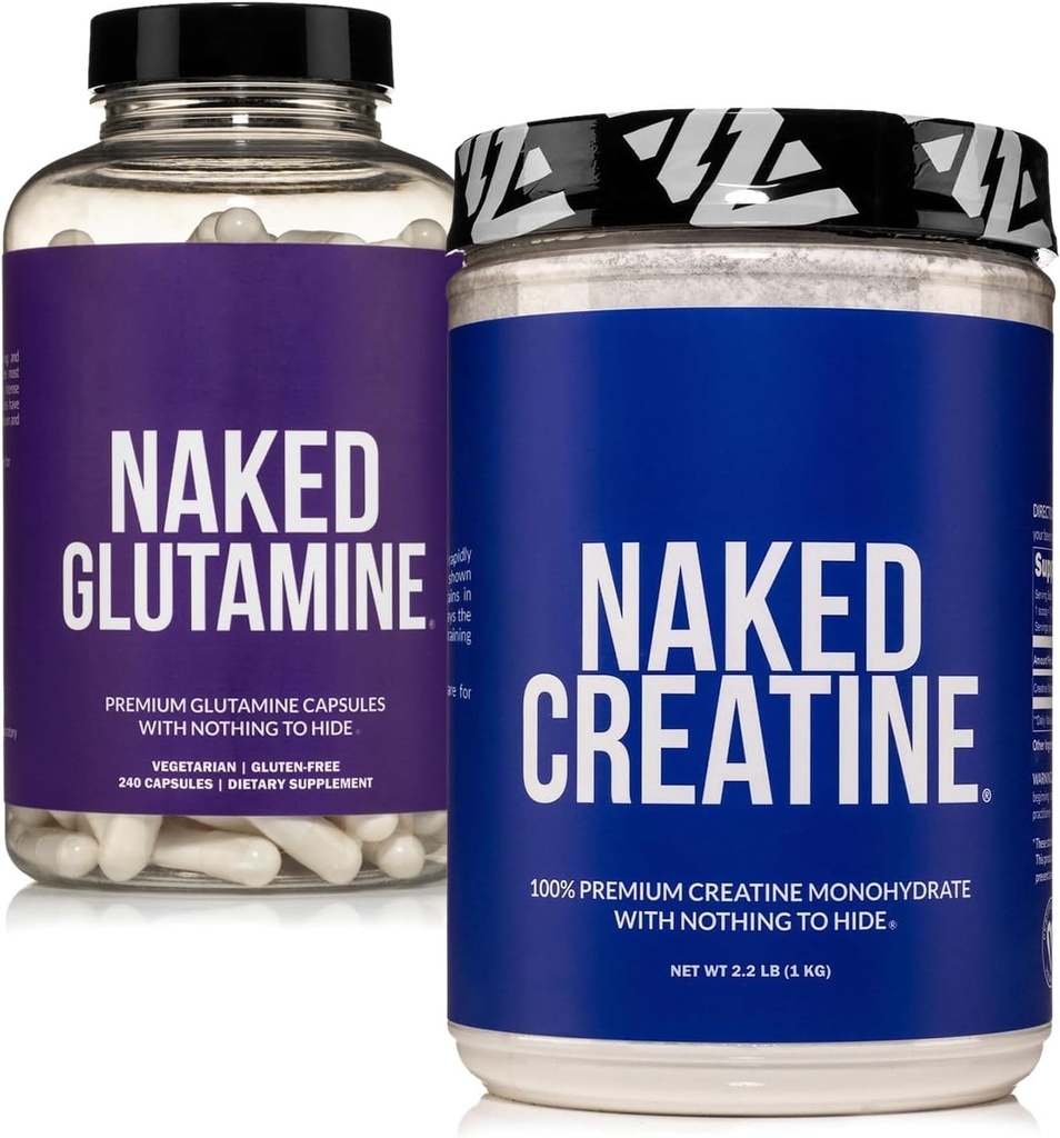 NAKED Pure Micronized Creatine Monohydrate 200 Μερίδες + Pure L-Glutamine 240 Κάψουλες Δέσμη: Vegan, Μη ΓΤΟ, Χωρίς Γλουτένη. Τίποτα τεχνητό