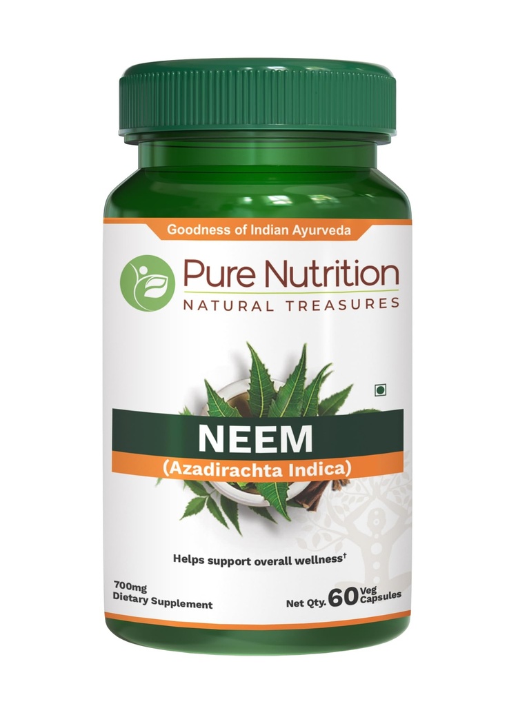 Saf Beslenme Neem Capsules 700 mg. (Equivalent to 2600 mg Neem Leaf Toz ve Bark Toz) GMO | Bir Kez | 60 Gün Supply.