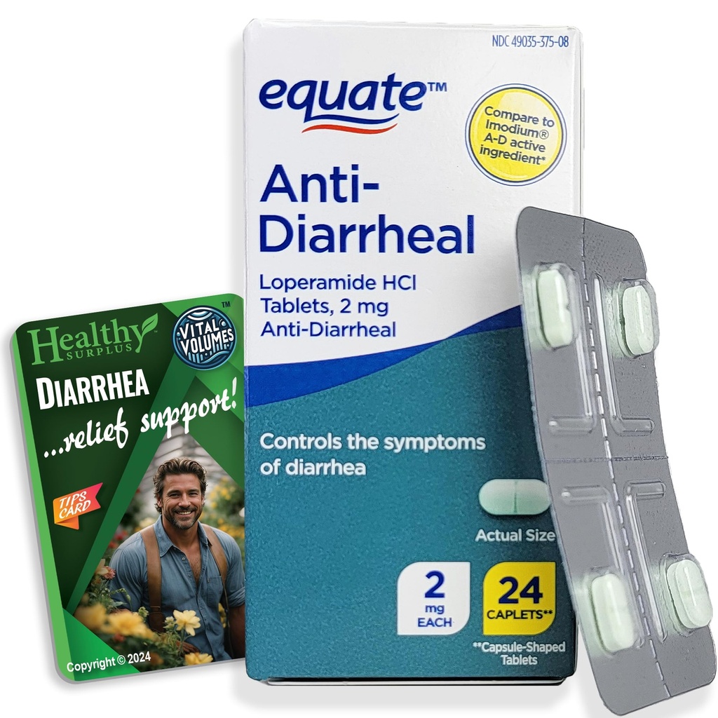 Healthy Surplus Equate Anti-Diarrheal Loperamide HCI 2 mg 24 Caplets and Vital Volumes Tips Card