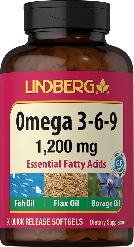Lindberg Omega 3 6 9 Supplements | 1200 mg | 90 Softgels | Essential Fatty Acids | Fish, Flax ve Borage Oil | Non-GMO, Gluten Free