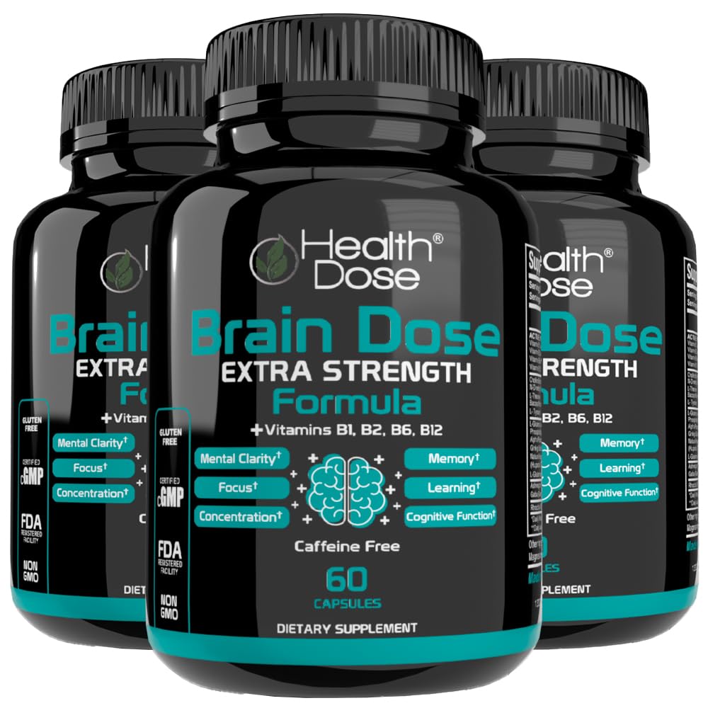 Health Dose Brain Dose Premium Nootropics - Caffeine-Free Extra Strength Formula for Men & Women - Supports Brain Health, Cognitive Focus & Memory Retention, Pack of 3.