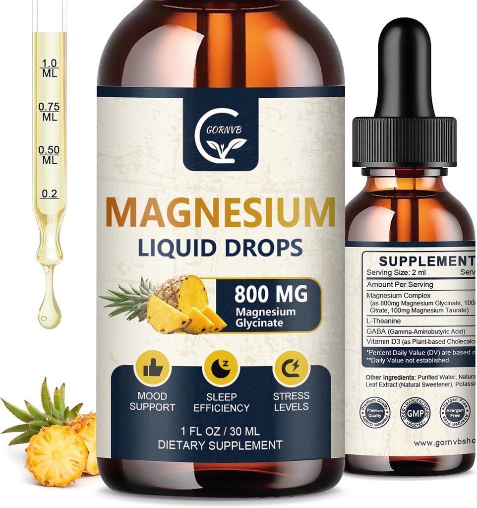 (2 Pack) Magnezyum Glycinate Liquid Drops | 1000 mg Sıvı Kompleksi D3, L-Thea & GABA for Energy, Sleep, Nerve and Heart Health, High Abxia, Pineapple Flavor