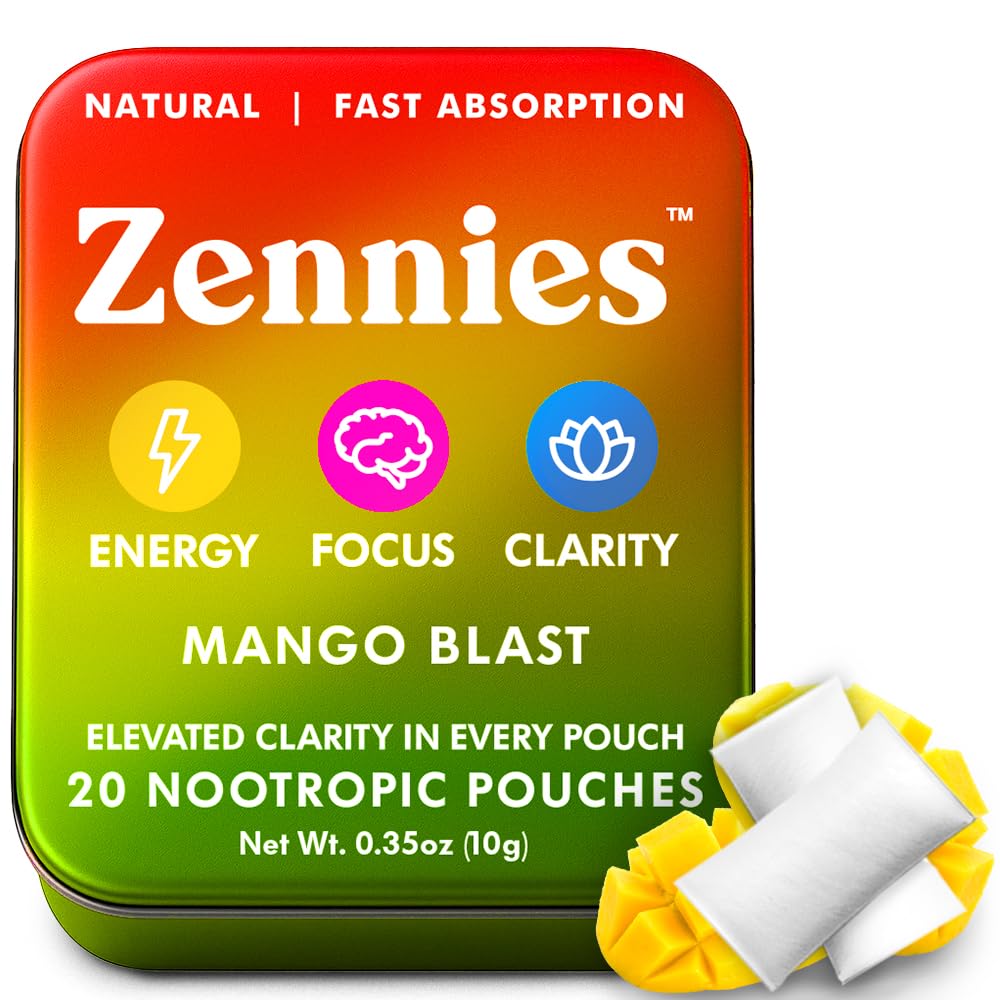 Zennies Caffeine Nootropic Pouches with Alpha GPC, L-Tyrosine & L-Theanine, Lion's Mane, Cordyceps, Reishi - Nicotine Free, No Sugar or Artificial Sweeteners Nootropic Energy Pouches, Mango Blast 1 PK