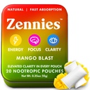 Zennies Caffeine Nootropic Pouches with Alpha GPC, L-Tyrosine & L-Theanine, Lion's Mane, Cordyceps, Reishi - Nicotine Free, No Sugar or Artificial Sweeteners Nootropic Energy Pouches, Mango Blast 1 PK