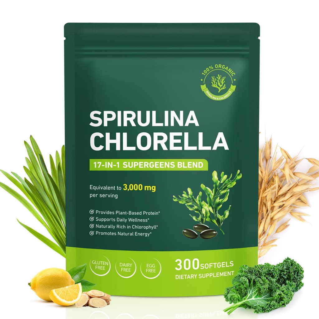Spirulina Chlorella Capsules 3100mg –Vegan Green Superfood, 50/50 Algae Blend for Immune Support & Energy –Rich in Protein,Chlorophyll,Vitamins & Minerals, 300 Capsules