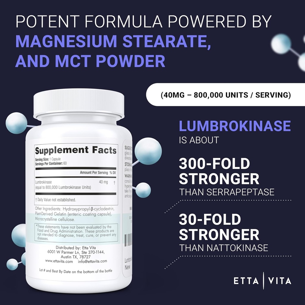 Έντονη Lumbrokinase Συμπλήρωμα (120 Servings) 40mg/Serving (Max Activity - 800.000 Units) - Lumbrokinase Enzymes Κάψουλες για την ενεργειακή υποστήριξη, την πέψη, τη γνώση & την υγεία των ούλων - Παρόμοια με Nattokinase