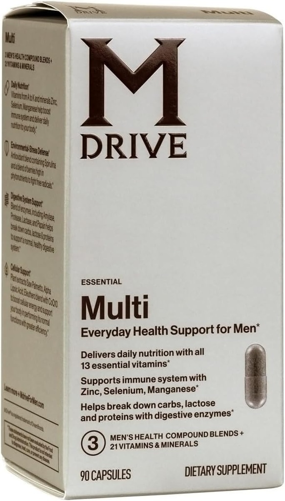Erkekler için Mdrive Multivitamin - Immune Health Support from çinko, Selenium, Manganese & Vitamin D, Enzymes for Digestive Support, CoQ10 for Energy and Vitamin K2, 90 Capsules