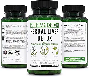 Siberian Green Herbal Liver Detox with Milk Thistle Artichoke Dandelion 60 Capsules – Traditional Siberian Formula Plus Enzymes to Support Liver Health