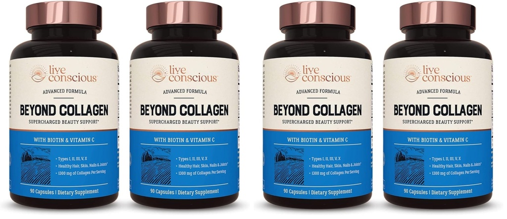 Live Conscious Beyond Collagen Multi Collagen Capsules - Types I, II, III, V & X | Hydrolyzed Blend with Biotin & Vitamin C for Hair, Skin, Nails 90 Capsules (4-Pack)
