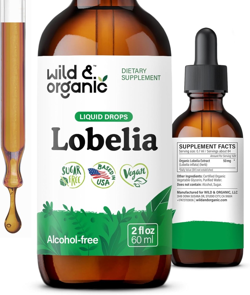 Wild & Organic Lobelia Tincture - Herbal Lung Cleanse ve Detox - Sıvı Lobelia Ekstraksiyon Tamam - Vegan, Sugar & Alkol-Free Herb Drops - 2 fl oz