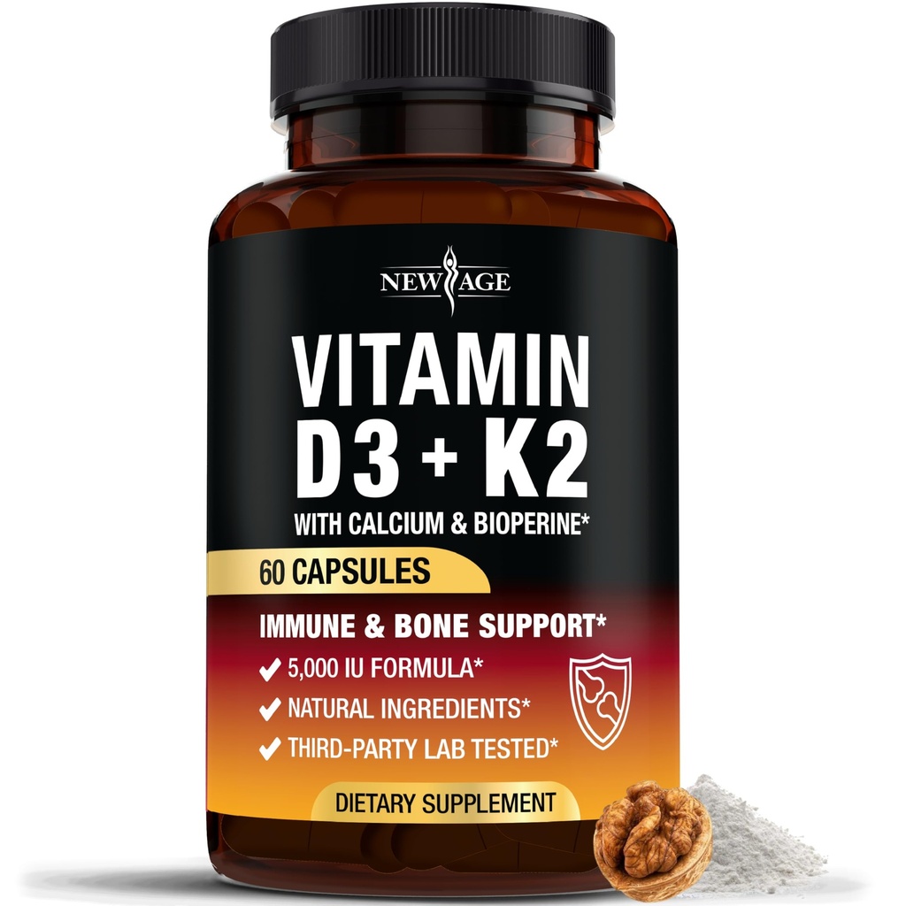 NEW AGE Vitamin D3 5,000 IU + K2 MK-7 100 mcg - 2-in-1 Bone, Immune & Heart Support, Easy to Swallow, Non-GMO - 60 Capsules