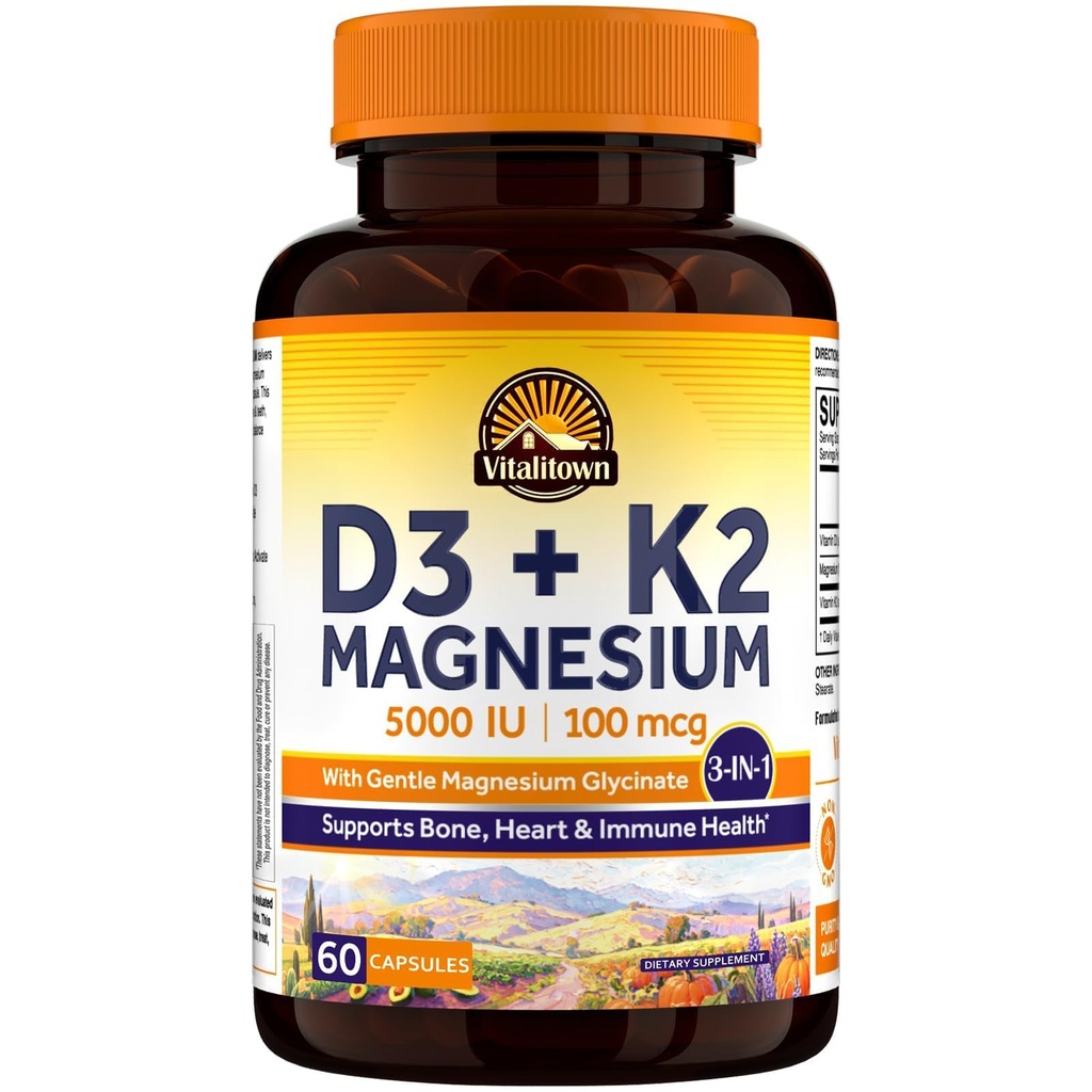 Vitalitown Vitamin D3 K2 with Magnesium, 5000 IU D3, 100 mcg K2 as MK-7, Magnesium Glycinate, Non-GMO, No Gluten, 3-in-1 Formula for Bone, Heart & Immune Health, 60 Capsules