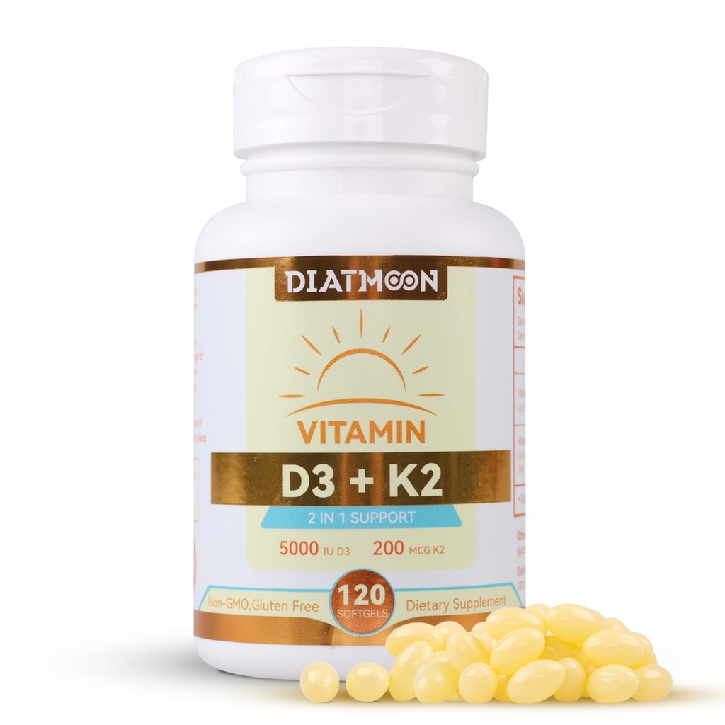Vitamin D3 K2 Supplement Softgels, Vitamin D3 5000 IU & Vitamin K2 MK7 200 mcg, Bone & Teeth Support, Easy to Swallow - 120 Counts
