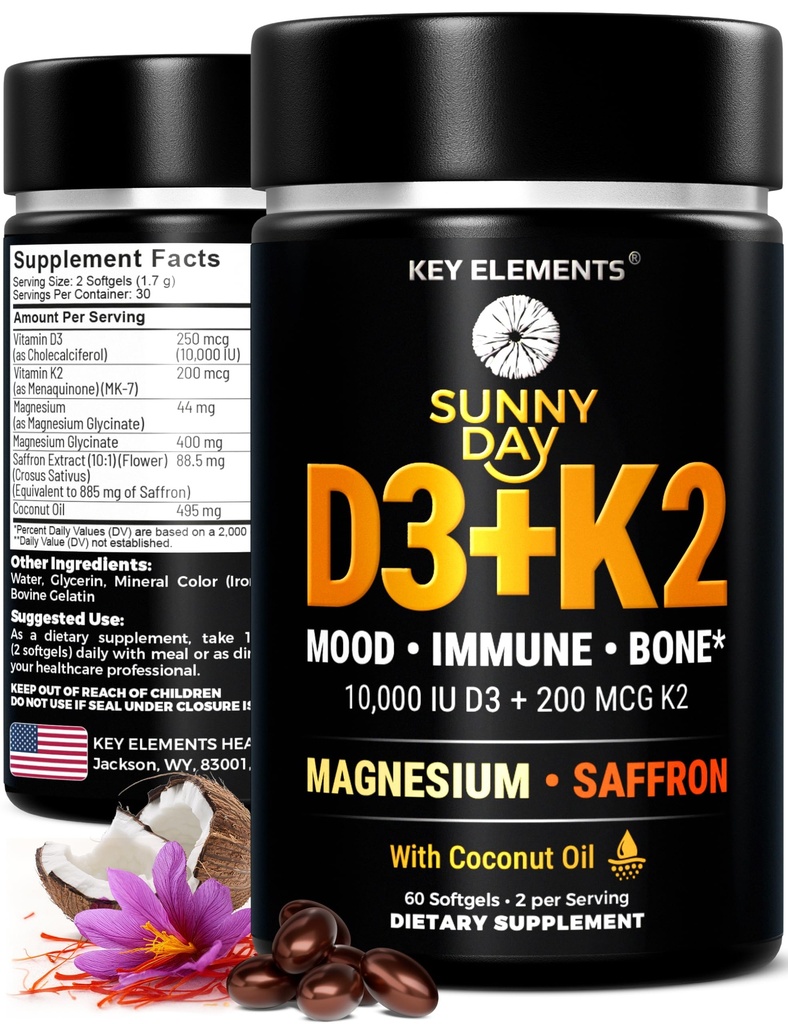 KEY ELEMENTS Vitamin D3 K2 10,000 IU with Magnesium Glycinate 400mg & Saffron 88.5mg - Mood, Immune, Bone Health - Vitamin D and K (MK-7) 200mcg - Non-GMO, Gluten-Free Softgels for Women & Men