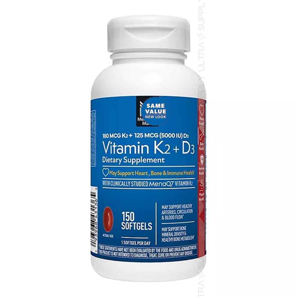 Members Mark Vitamin K2 + D3 (150 Count.) Softgels, 180 mcg & 125 mcg (5000 IU) | Bone, Heart & Immune Health Support, with MenaQ7 MK-7