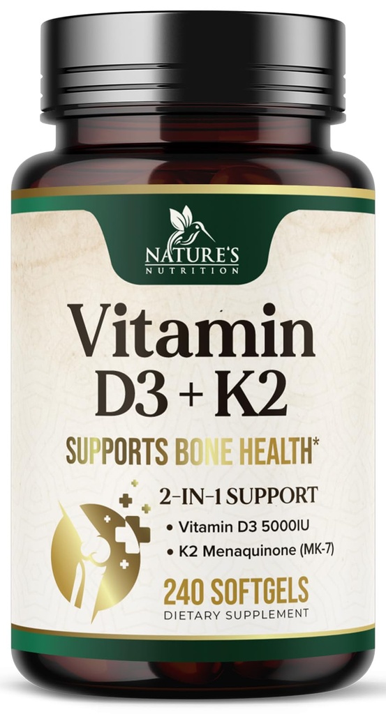 Vitamin D3 5000 IU 125mcg Per Serving - Extra Strength Vitamins D K2 2-in-1 for Bone, Heart, & Muscle Support - Immune Support & Calcium Absorption with Olive Oil - Non-GMO USA Bottled - 240 Softgels