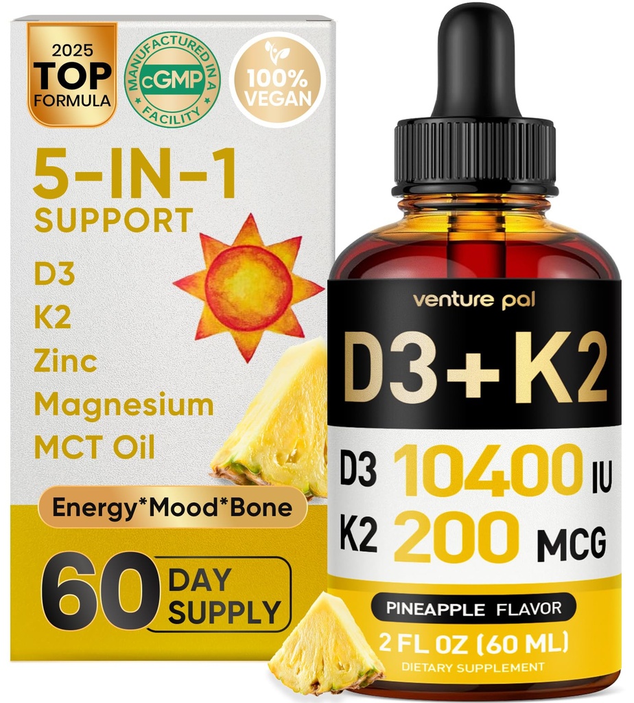 Venture Pal 5-in-1 Vitamin D3 10000 IU & K2 as MK-7 200mcg with Magnesium, MCT Oil, Zinc, Sugar-Free Vitamin D Liquid |Maximum Absorption for Bone, Mood & Immune Health - 2 FL OZ, 66 Days