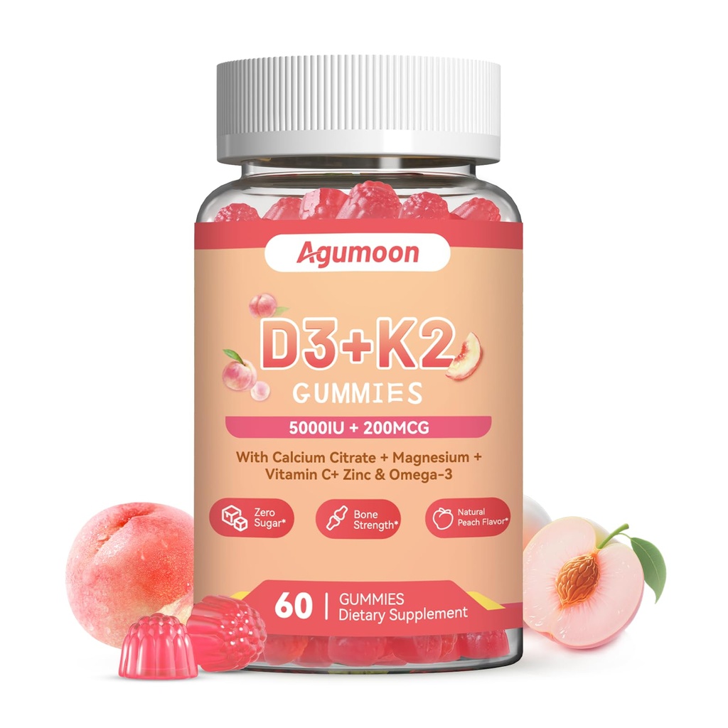 Vitamin D3 K2 Gummies for Adults - Vitamin D3 5000IU + K2 (MK-7) 200mcg, with Calcium Citrate, Magnesium Citrate, Omega-3 for Bone, Muscle, Teeth Immune - 60 Gummies