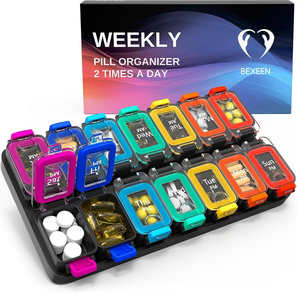 Ekstra Büyük Haftalık Pill Organizer 2 Times A Day - Airtight Pill Box 7 Day - Am Pm Vitamin Case - Tıp Konteyner İki Hafta Tamamlayıcı Günlük İlaç Depolama XL Med Two Sort