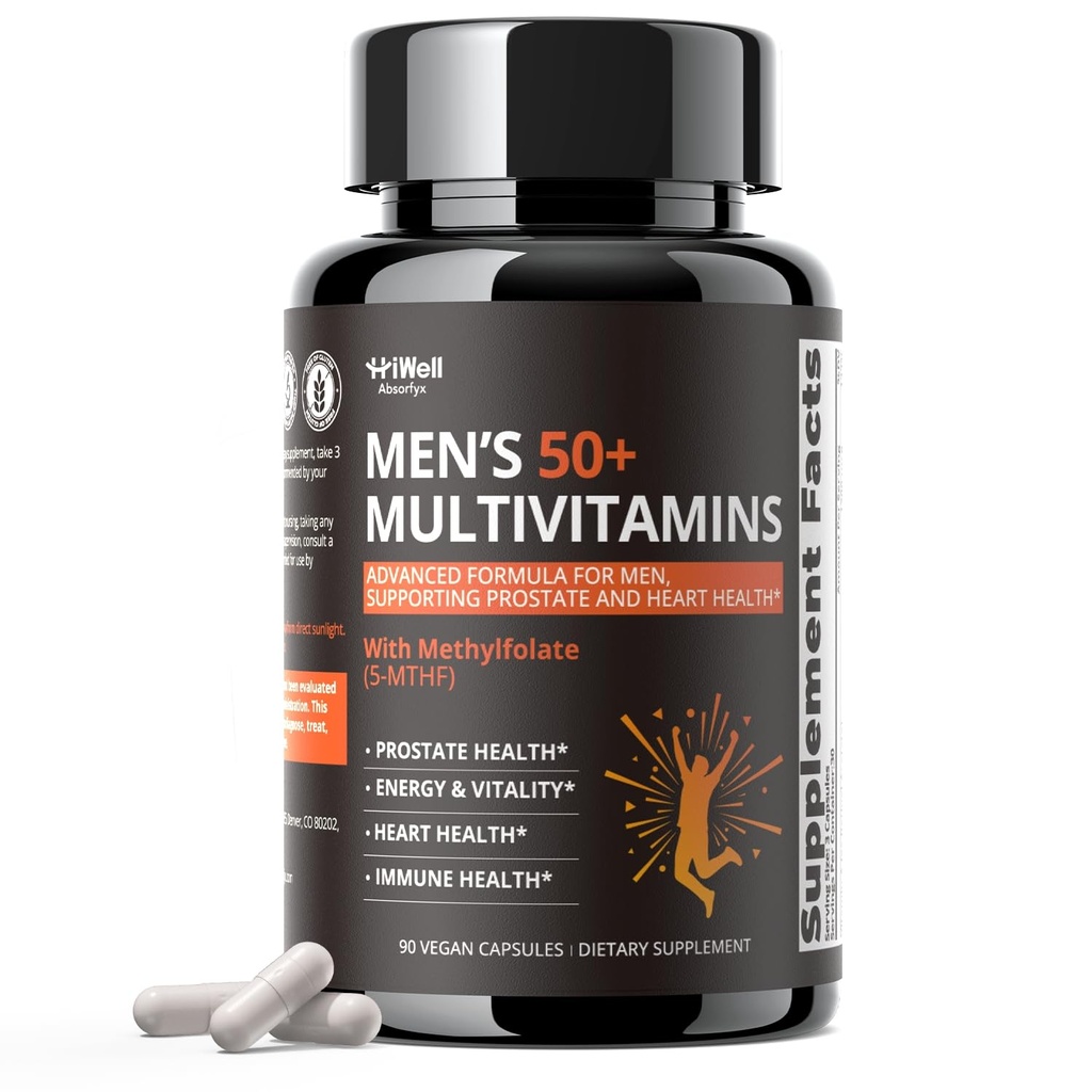 Multivitamin for Men 50 Plus with Vitamins, Minerals, Methylfolate, Saw Palmetto & CoQ10 - Daily Vitamin Supports Energy, Heart Health, Prostate Health & Immune Function* - 90 Vegetarian Capsules