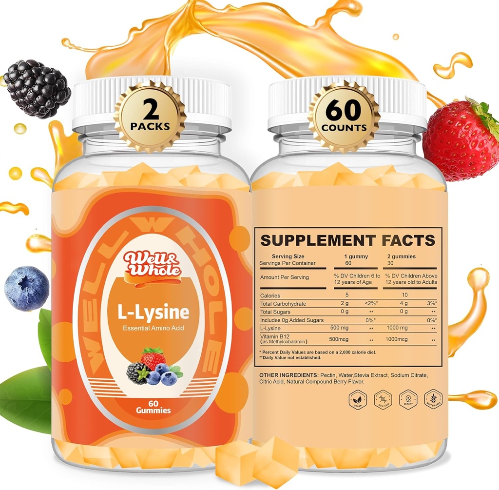 L-Lysine Gummies 1000mg - Çocuklar ve Yetişkinler için L-Lysine Supplements - Lip ve Cold Sore* Kadınlara Destek - B12 Vitamini Olan Lysine Gummies - Vegan, GMO, Gluten-Free, 120 Counts