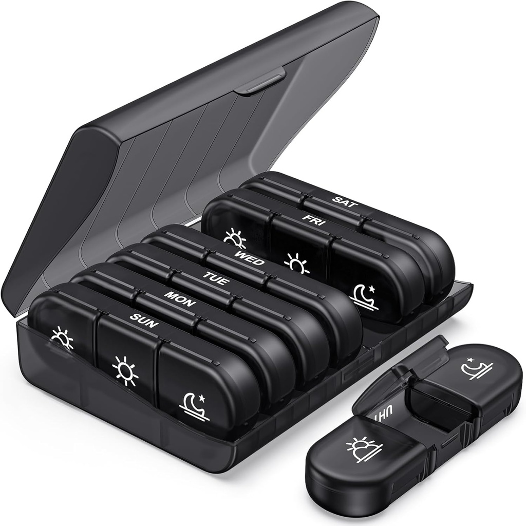 PULIV Haftalık Pill Organizer 3 Zaman Bir Gün, Portatif Seyahat Pill Box 7 Gün Büyük Pill Konteynerleri, Işık-Proof Pill Vitaminler, İlaçlar, Supplements ve Fish Oils (Black)