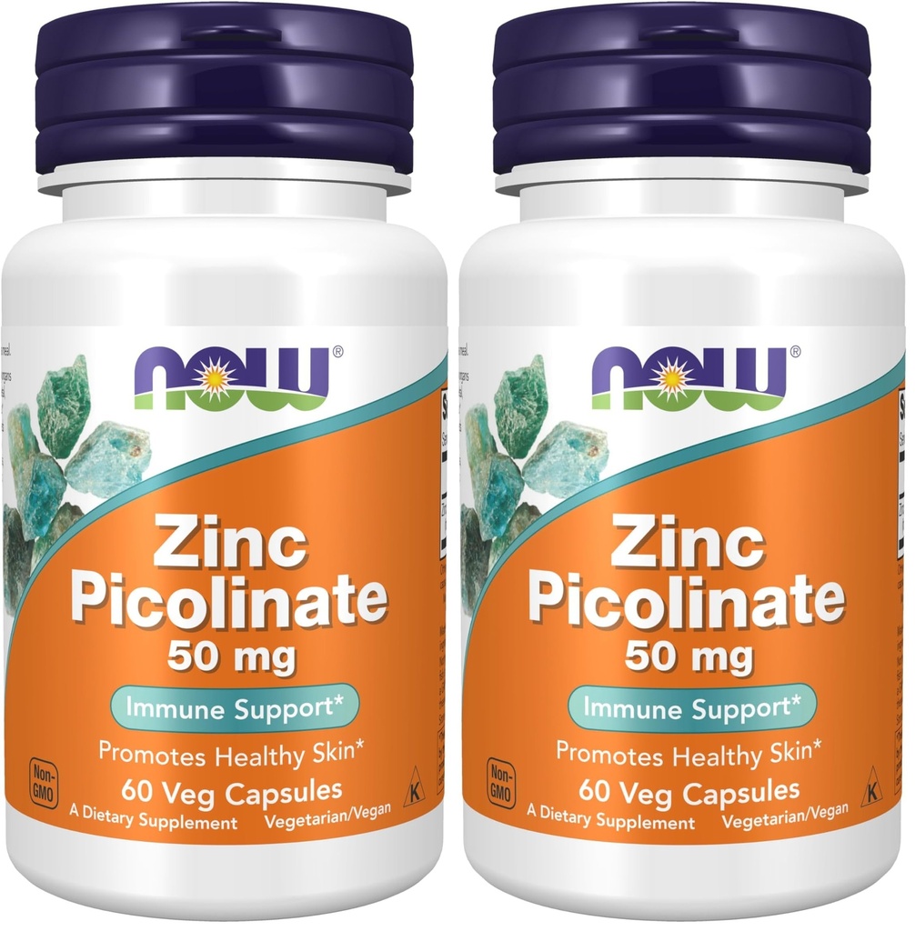 NOW Συμπληρώματα, ψευδάργυρος Picolinate 50 mg, υποστηρίζει λειτουργίες ενζύμων *, ανοσοποιητική υποστήριξη *, 60 κάψουλες Veg (πακέτο του 2)