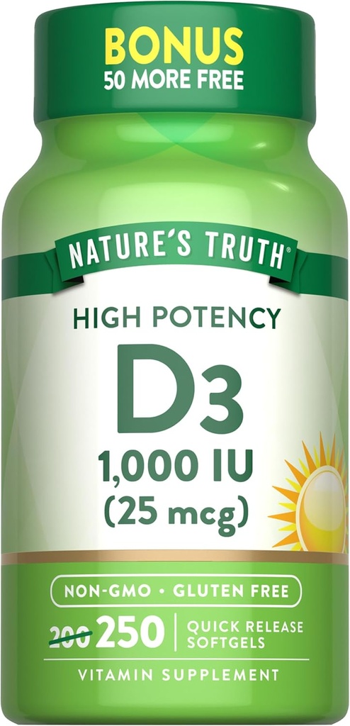 Nature's Truth D3 1000 IU | 250 Softgels | Essential Vitamin D | Non-GMO & Gluten Free Supplement Supplement