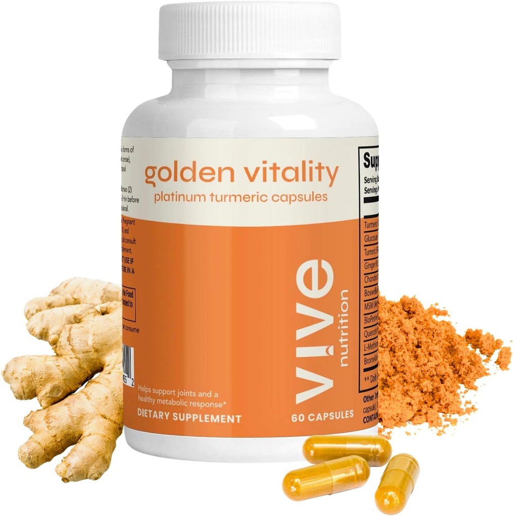 Golden Vitality Turmeric Curcumin Κάψουλες - Platinum Blend με 95% Κουρκουμινοειδή, Γλυκοσαμίνη, Χονδροϊτίνη, MSM & BioPerine - Κοινή & Υποστήριξη των οστών - 60 Count, 30 Ημέρες Προμήθεια