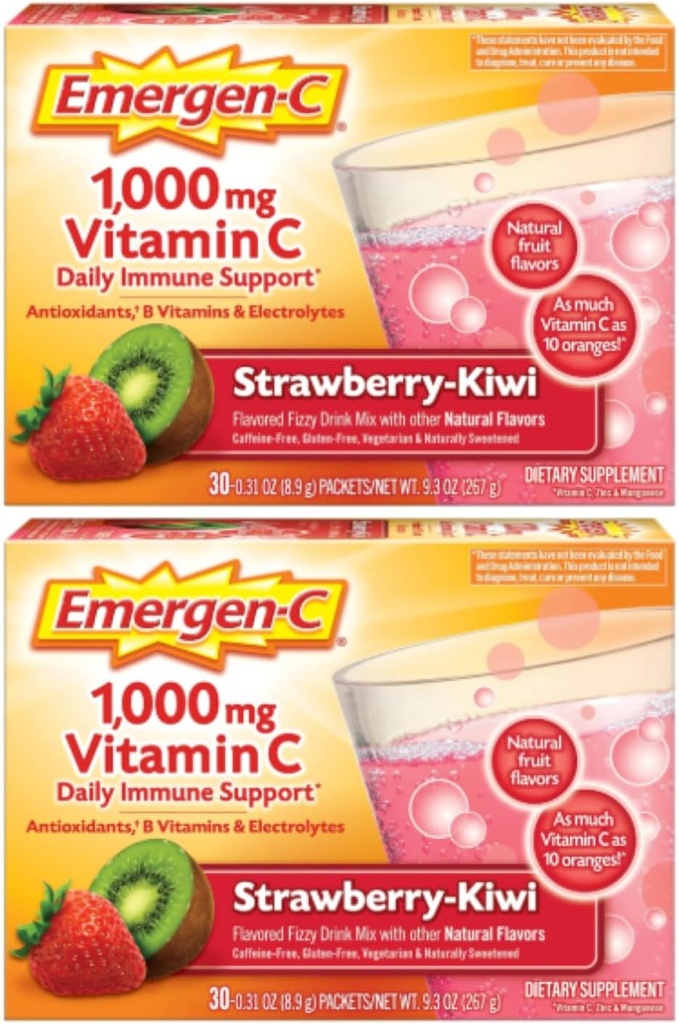Emergen-C 1000 Vitamin mg C Toz, Strawberry Kiwi Flavor, Antioksis, B Vitaminleri ve Elektrolytes, Immune Desteği için C Supplements, 30 Count (Pack of 2)