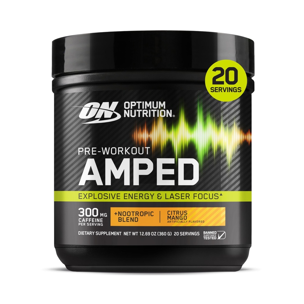 Optimum Nutrition Amped Pre-Workout, with Citrulline, Beta-Alanine, Nootropics and 300mg of Caffeine for Energy, Citrus Mango, 20 Servings (Packaging May Vary)