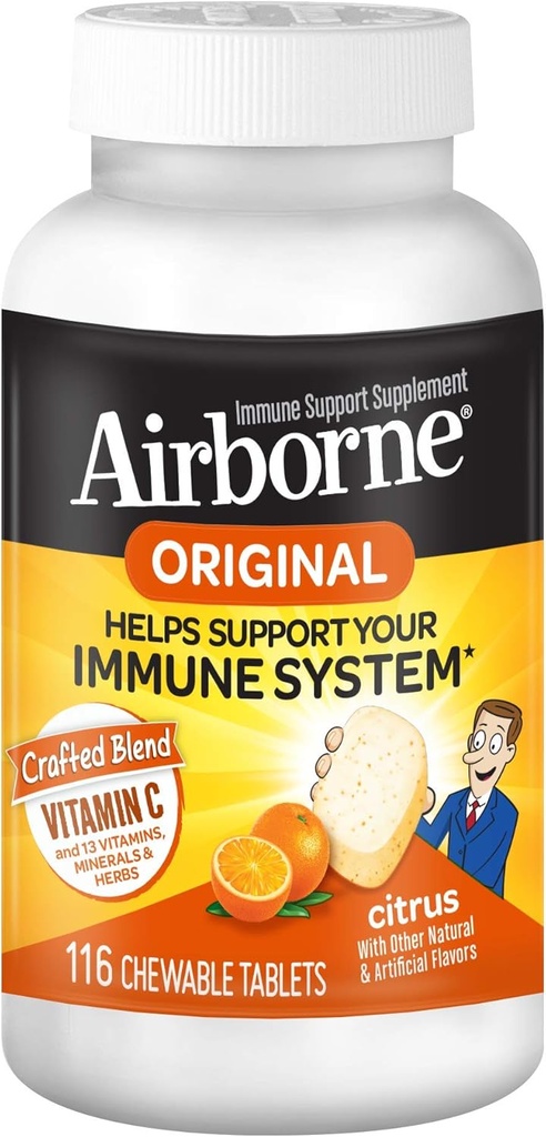 Airborne 1000 mg C + çinko Immune Support Supplement Chewable Tabletler, Citrus Flavor Güçlü Antioksis A C & E, 116 Chewable Tabletler (3 Paket)