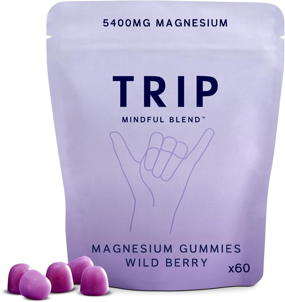 TRIP Magnesium Citrate Gummies Infused with L Theanine, Vegan, Sugar Free Magnesium Supplement for Adults, 180mg per Serving, On The Go Gummy, Wild Berry Flavor, 1 Bag - 60 Count
